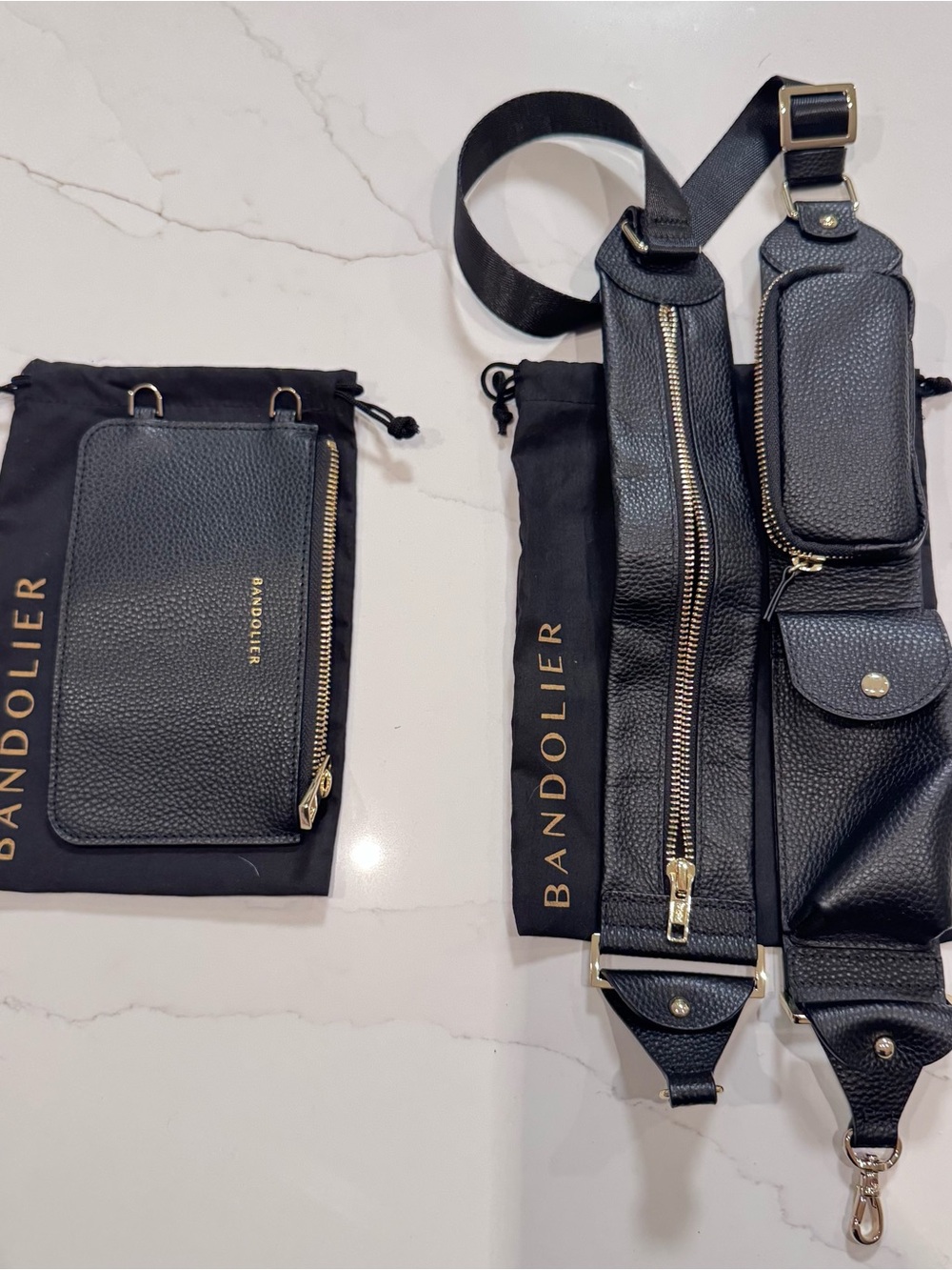 Bandolier Black Pebbled Leather Belt Bag Strap with Pouches